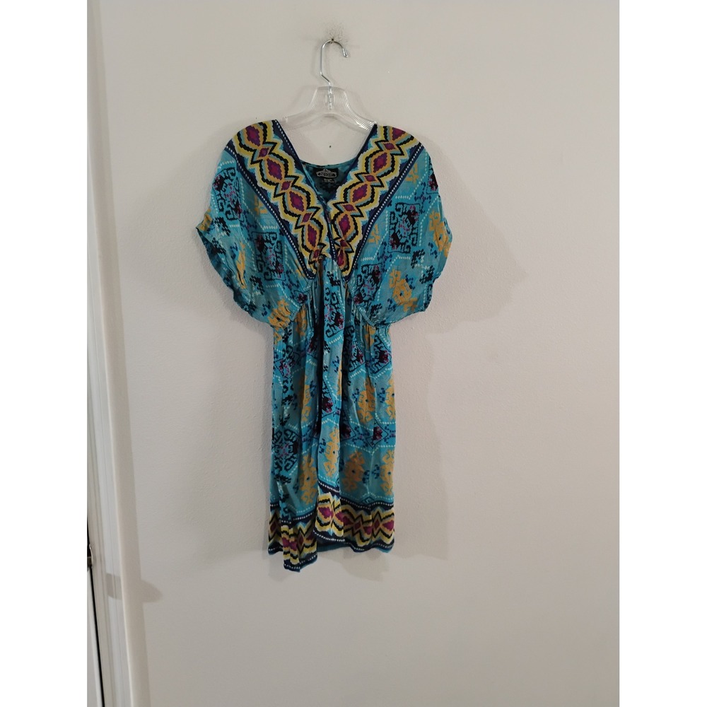 Angie Turquoise Geometric Tribal Print Boho Mini Dress V-Neck Elastic Waist L